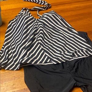 Striped Black and White Maternity Halter Tankini Top with Black Bottoms